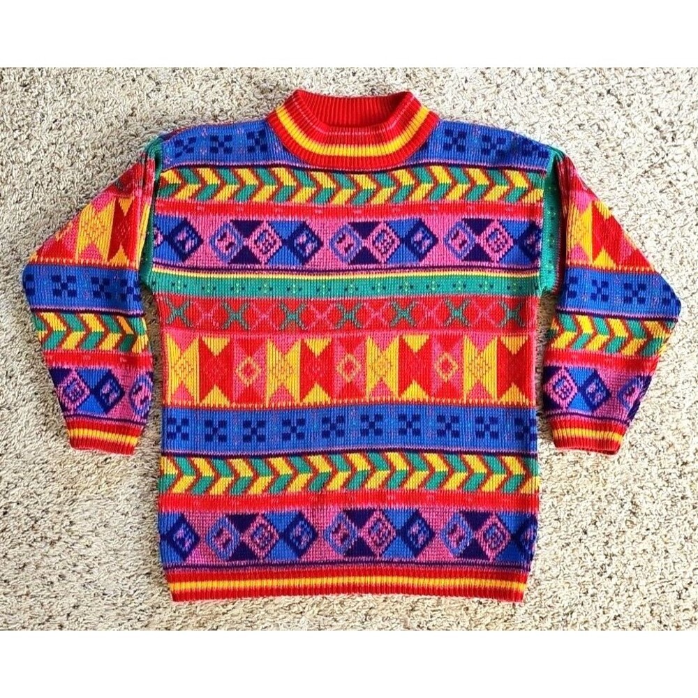 Vintage 80s Rainbow Abstract Geometric Pullover Knit Sweater Jumper Colorful